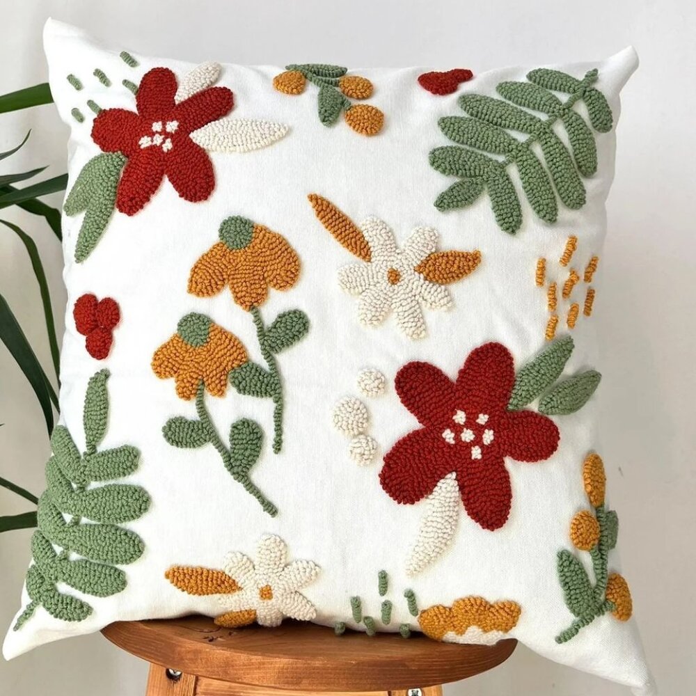 Handmade Punch Needle Pillow Cover: Tufted Floral Embroidered Cushion (16"x16")